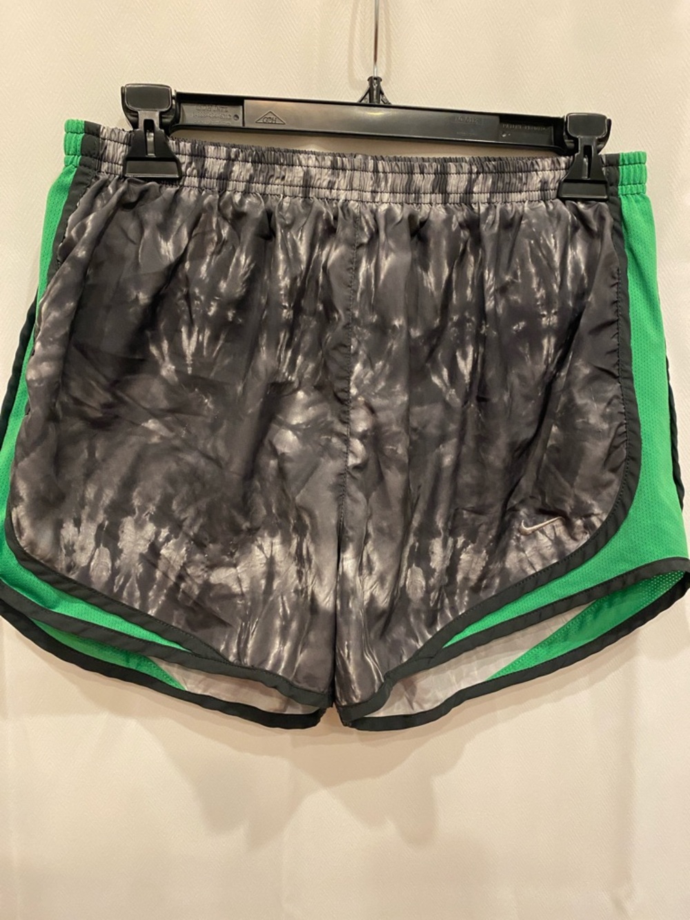 Nike Women's Black Tie-Dye Athletic Shorts with Green Side Panels